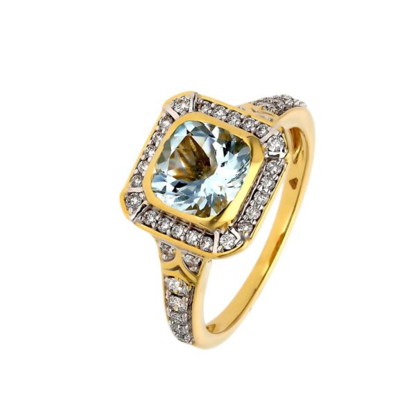 Pierścionek z żółtego złota z brylantami i akwamarynem 0,34ct i 1,43ct(VR-580619 AQ)