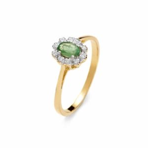 Pierścionek z żółtego złota z brylantami i szmaragdem 0.06 ct