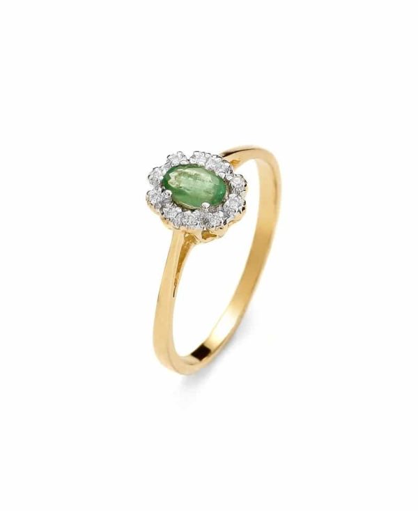 Pierścionek z żółtego złota z brylantami i szmaragdem 0.06 ct